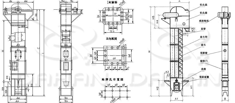 TD/D型斗式提升機(jī)基本結(jié)構(gòu):機(jī)頭蓋，機(jī)頭座，減速電機(jī)，直管，底座，緊張裝置等。