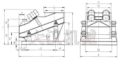 ZSG礦用振動(dòng)篩外形示意圖：B為礦用振動(dòng)篩寬度，L為礦用振動(dòng)篩長度。H為礦用振動(dòng)篩高度等。