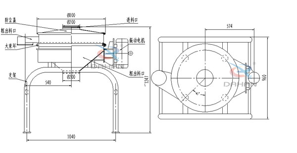 單振源直排篩機構和持續(xù)：防塵蓋（mm）：800進料口（mm）：200結構;防塵蓋，大束環(huán)，支架，振動電機，進料口等。