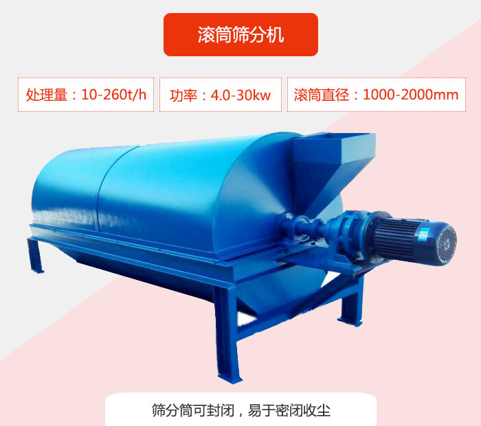 滾筒篩分機：處理能力：10-260t/h  功率：4.0-30kw 滾筒直徑：1000-2000mm 篩分筒可封閉，易于密閉收塵