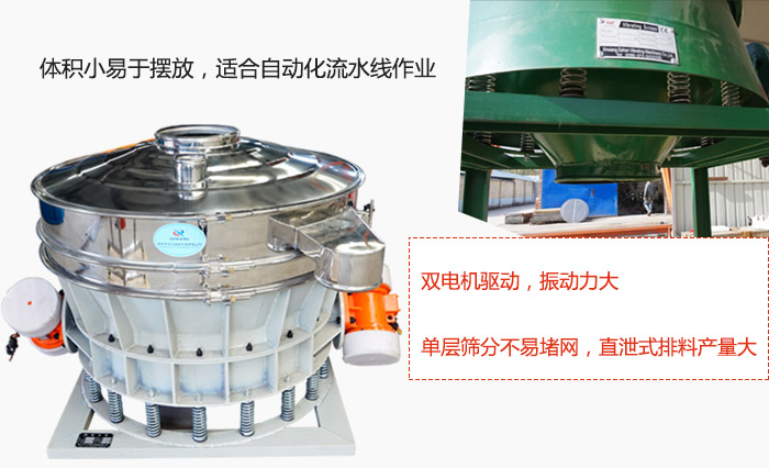 雙電機(jī)驅(qū)動，振動力大，單層篩分不易堵網(wǎng)，直泄式排料產(chǎn)量大